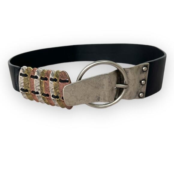 Chico’s black leather multi tone hammered metal adjustable stretch belt M - Picture 1 of 11